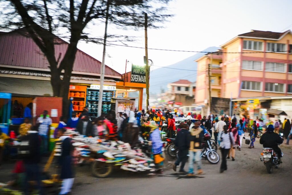 Busy street market and shops in Arusha, Tanzania