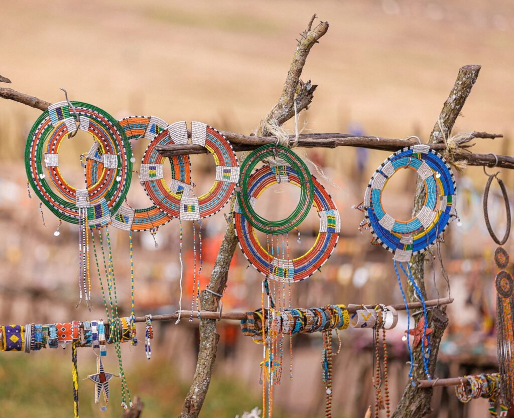 Vibrant Maasai beaded jewelry craft display in Tanzania