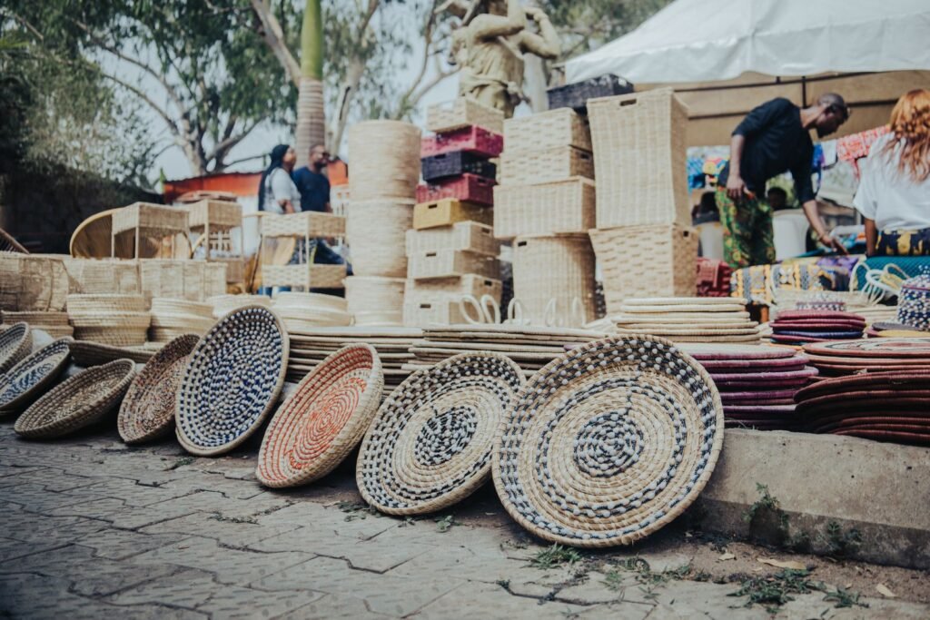 Handmade woven baskets at an African open-air market