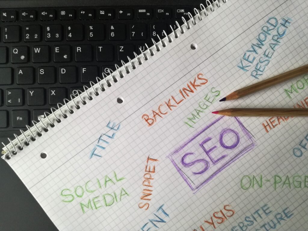 Notebook with SEO keywords and digital marketing strategy notes